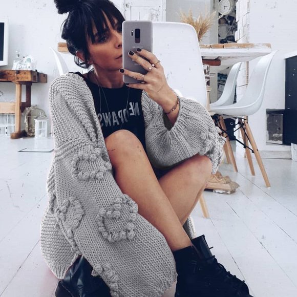 Shop_Fig Sweaters - LAST! Cozy Heart Embroidered Gray Cardigan Sweater